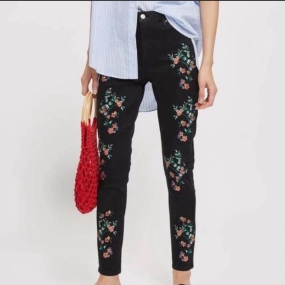Topshop Moto Jamie embroidered black jeans